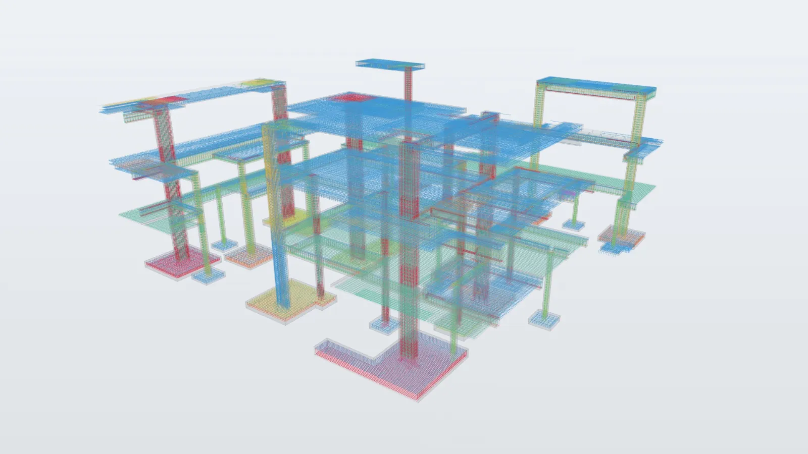 Rebar cutaway through footings, columns, beams and slabs