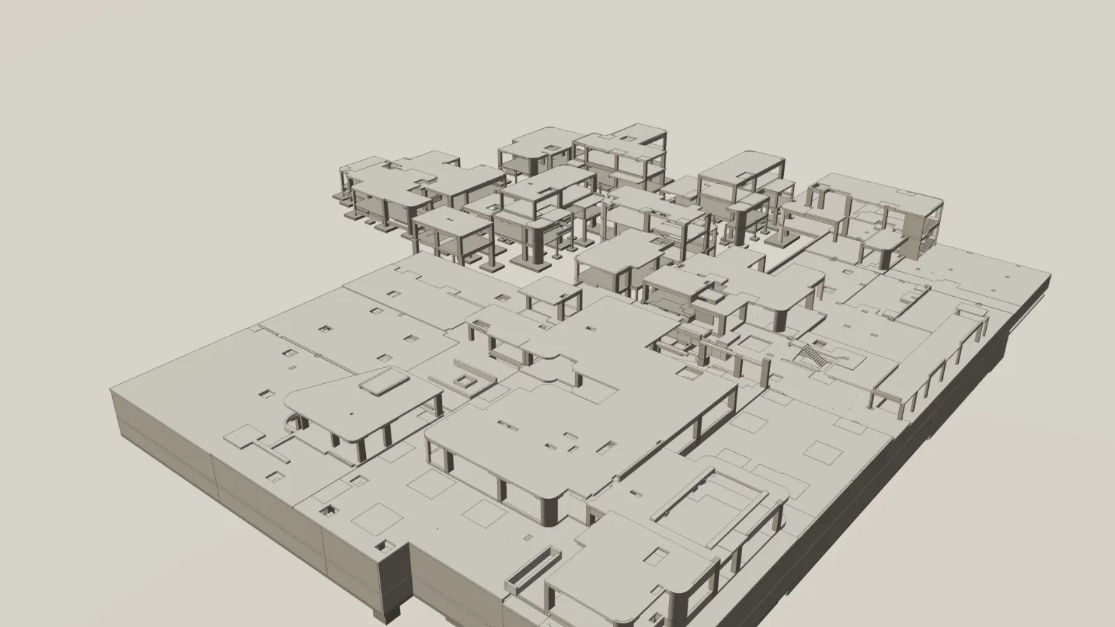 Architectural model of a multi-building podium scheme, Revit