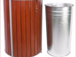 Outdoor Round Plastic Wood Trash Bin - 87L - Galvanized Steel Frame - 50×50×69 cm | Ideal for Public Spaces
