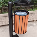 Outdoor Plastic Wood Trash Bin - 38L - Galvanized Steel Frame - With Mounting Pole - 35×35×98 cm | Ideal for Parks & Public Spaces - Model 26